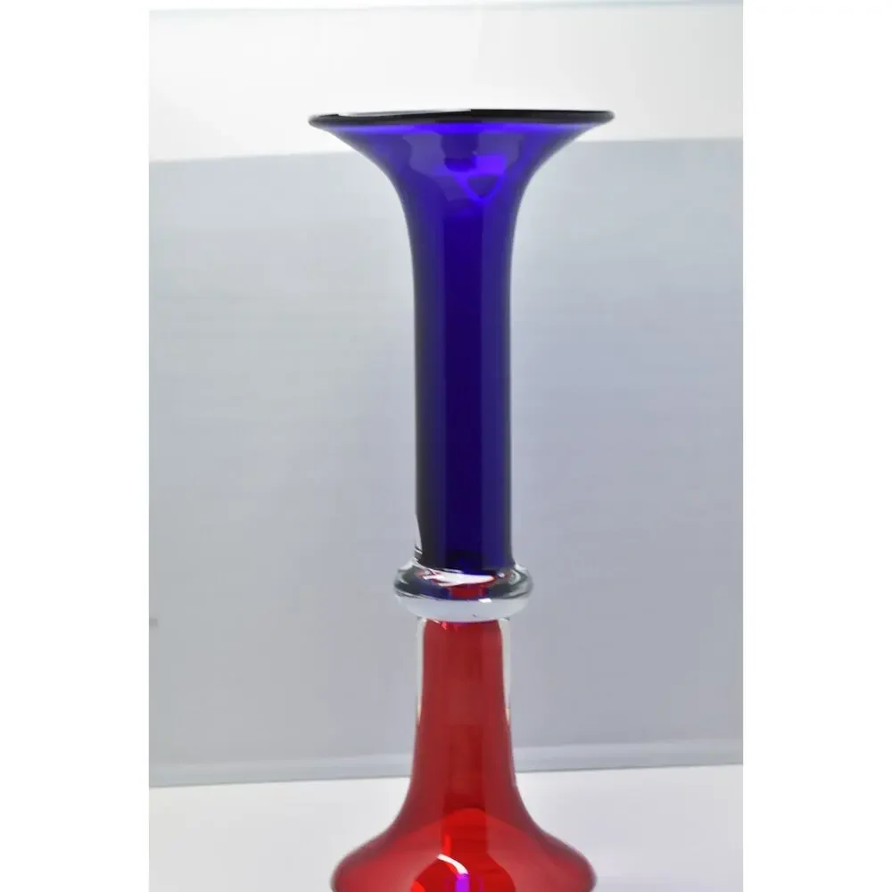 Murano Hand Blown Art Glass Red & Cobalt Blue Double Sided Trumpet Vase